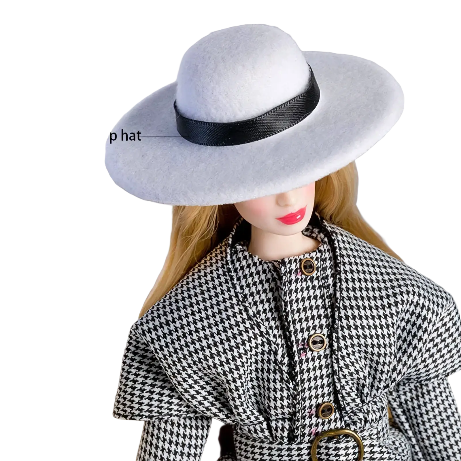 White woolen top hat with black ribbon band in 1/6 doll handbag and hat fashion accessories set