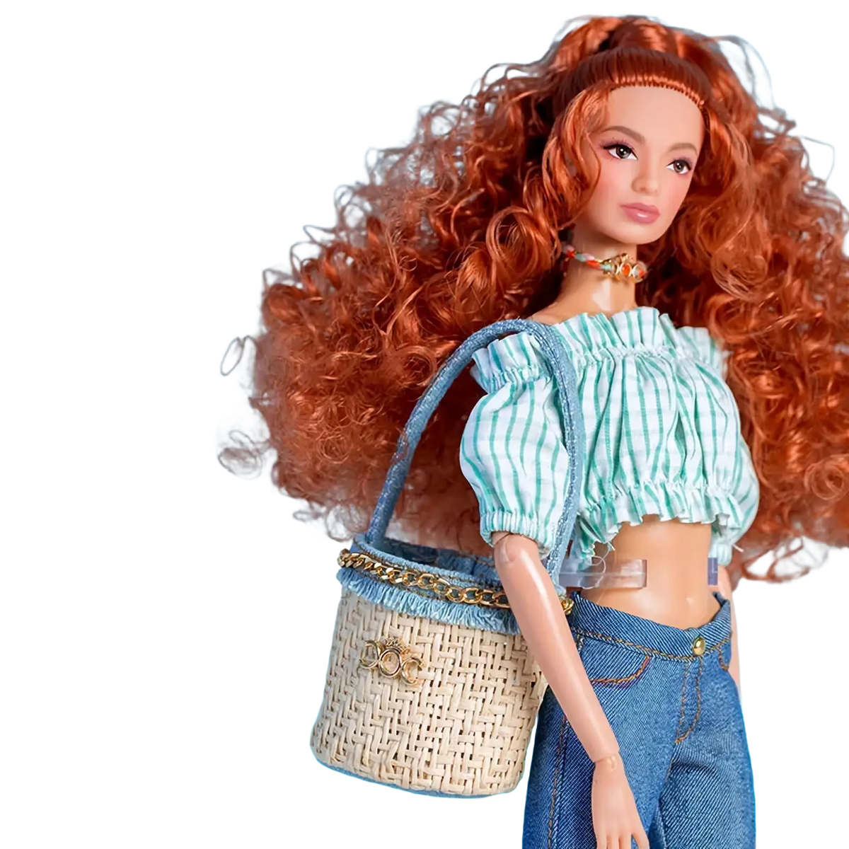 Woven denim 1/6 doll shoulder bag with light blue woven handle and gold chain accents fashion accessory