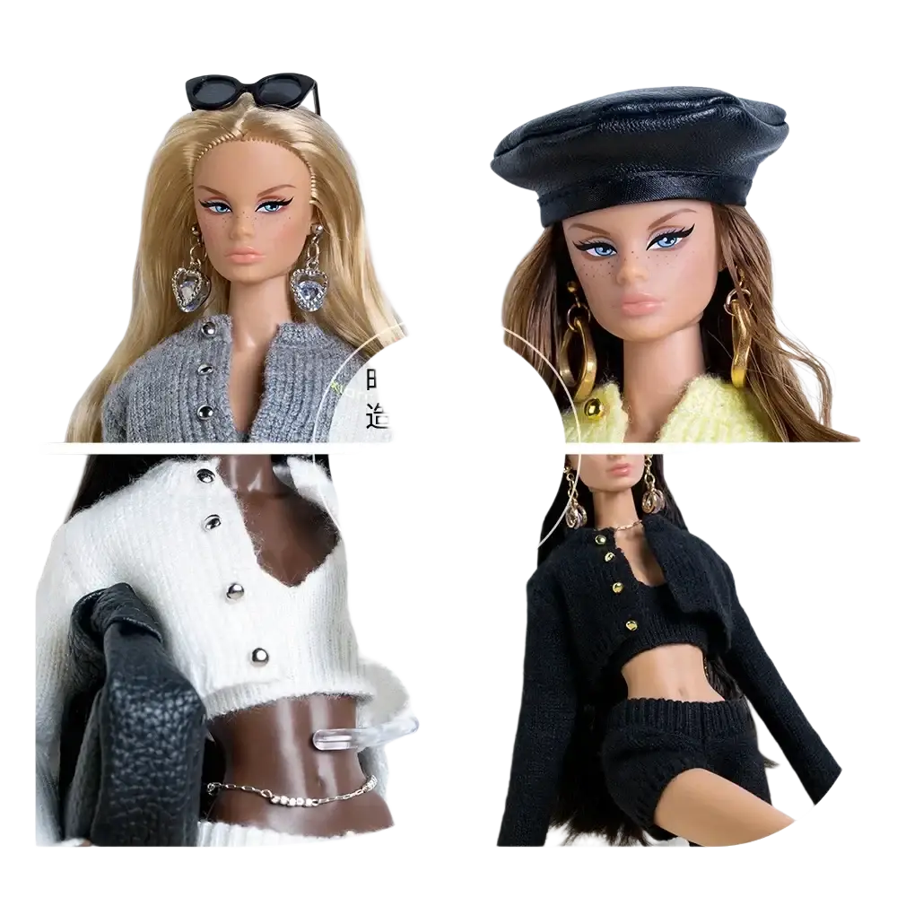 1/6 scale doll black leather beret worn by doll with brown hair and gold hoop earrings in outfit set