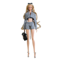 A blonde doll wearing a gray knitted cropped jacket and shorts with black sunglasses in a 1/6 scale leather outfit set