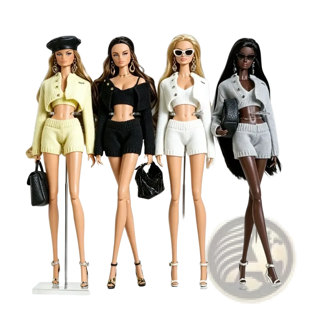 Four fashionably dressed barbie dolls wearing coordinated knit outfits with distinct hair colors and accessories