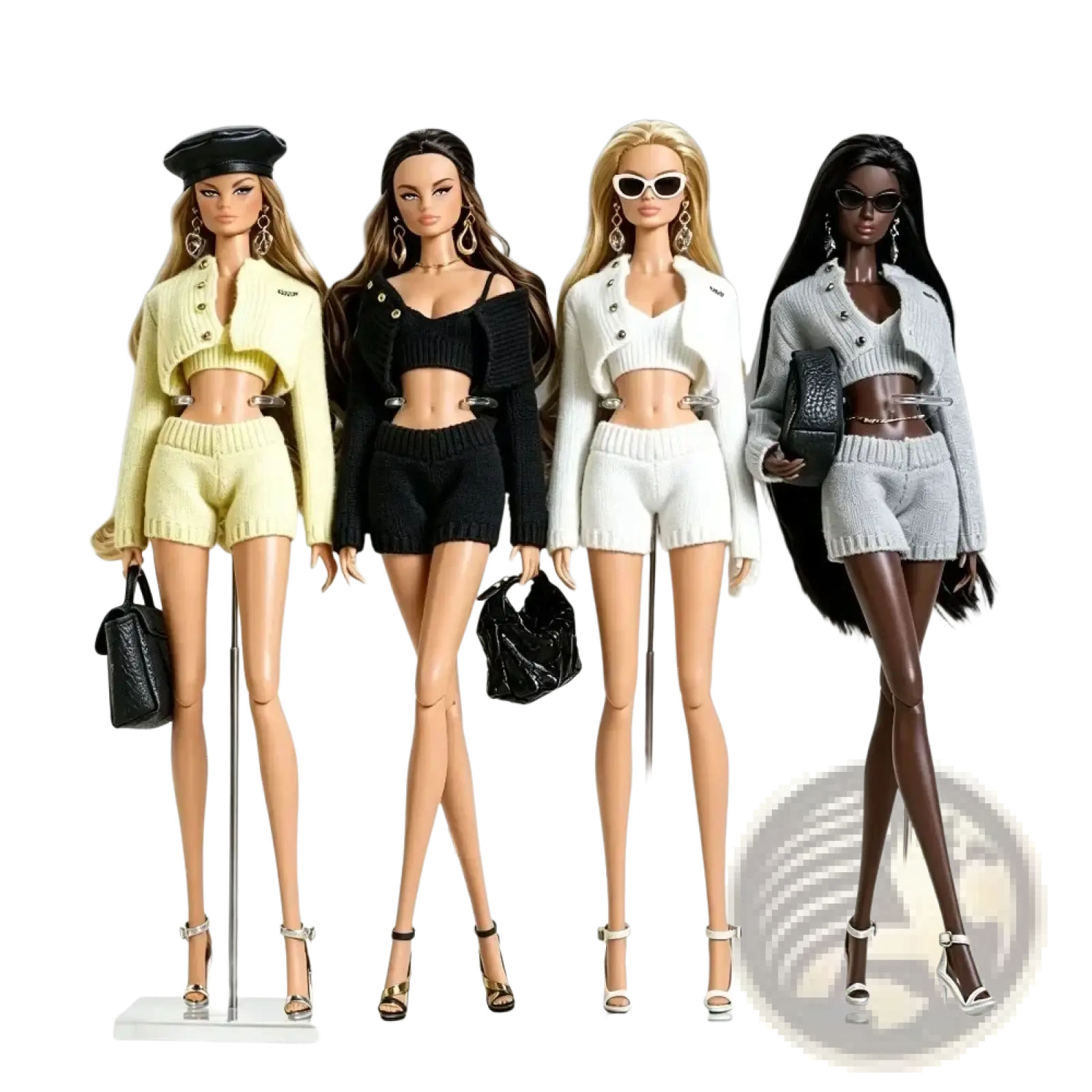 Four fashionably dressed barbie dolls wearing coordinated knit outfits with distinct hair colors and accessories