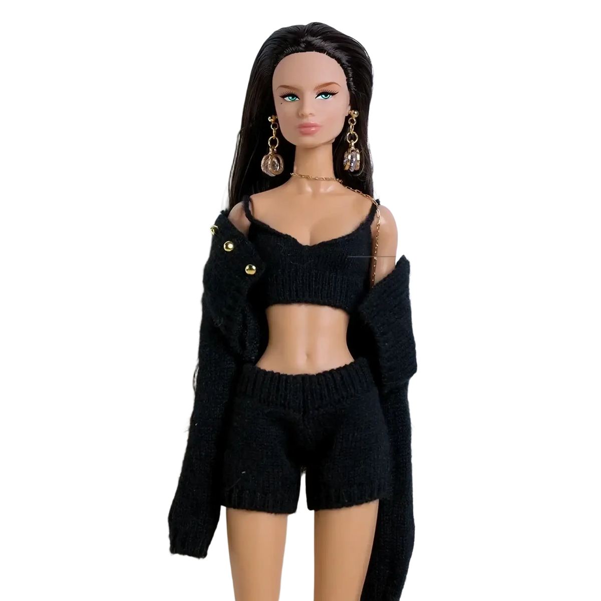 Black knitted crop top with shoulder straps and gold button accents from 1/6 scale doll black leather beret outfit set