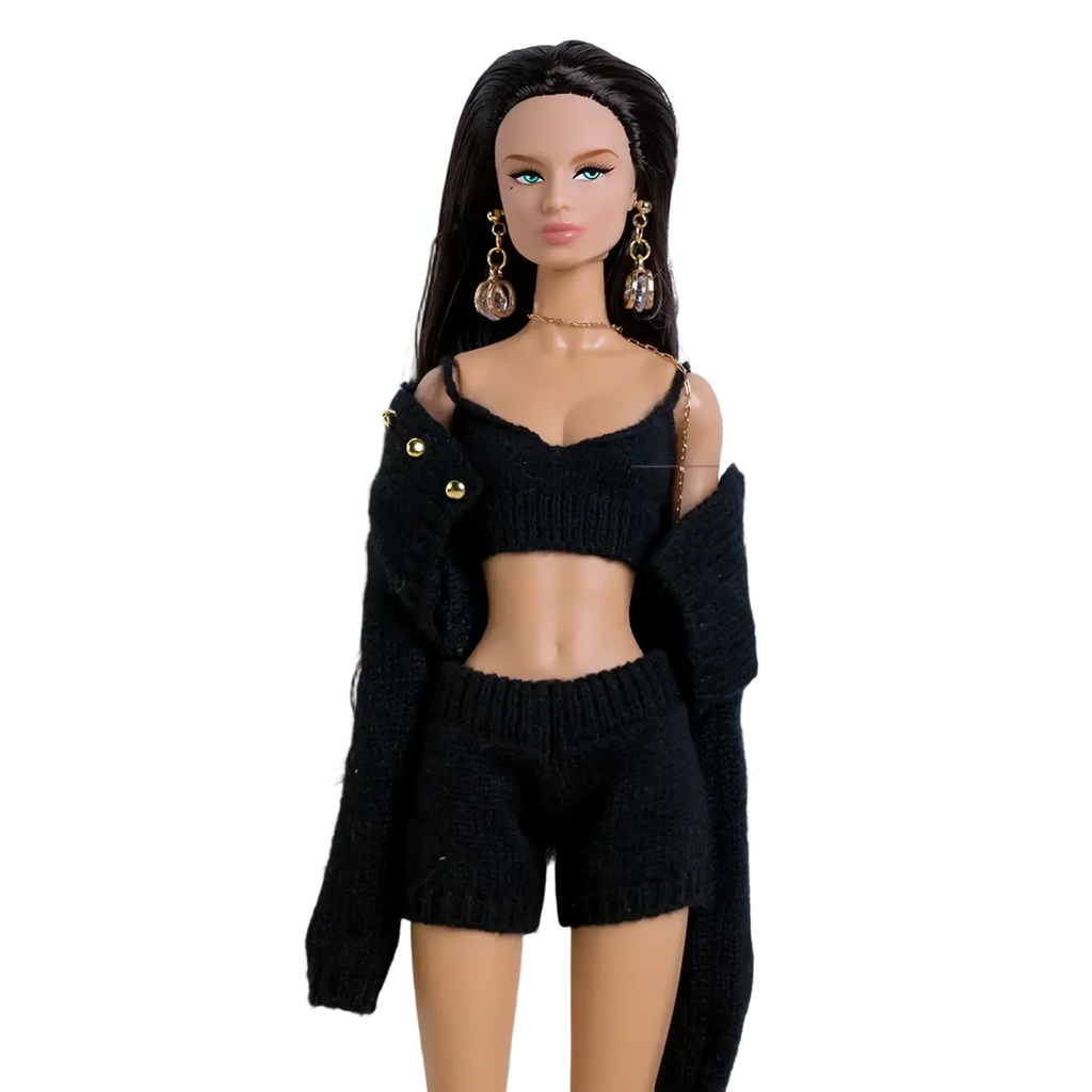 1/6 scale doll black knitted crop top with off-the-shoulder design and gold button accents in leather beret set