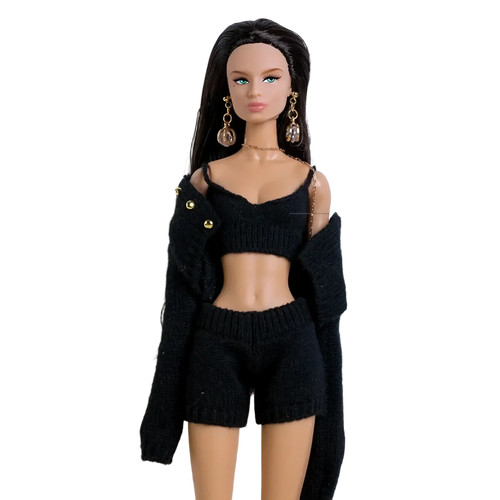 1/6 scale doll black knitted crop top with off-the-shoulder design and gold button accents in leather beret set
