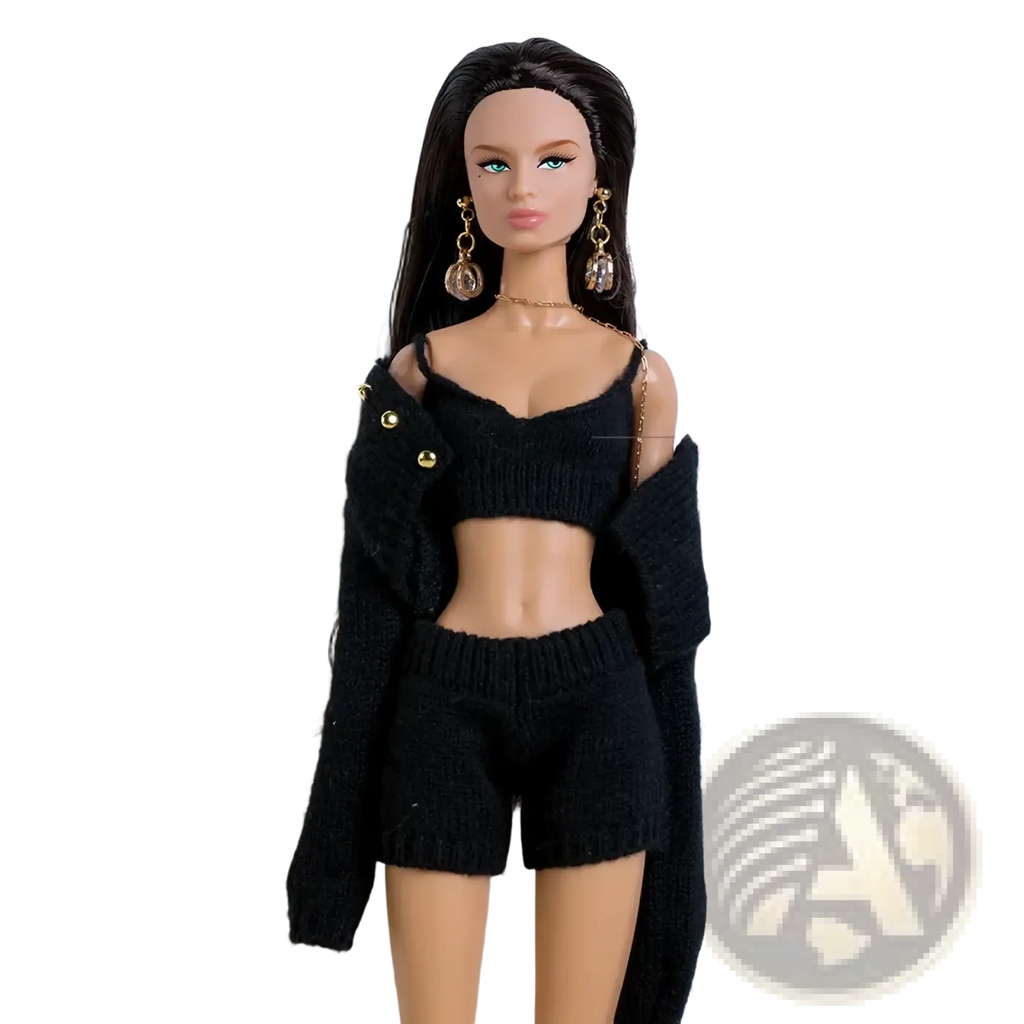 1/6 scale doll black knitted crop top with off-the-shoulder design and gold button accents in leather beret set