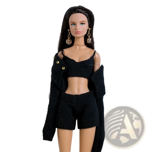 1/6 scale doll black knitted crop top with off-the-shoulder design and gold button accents in leather beret set