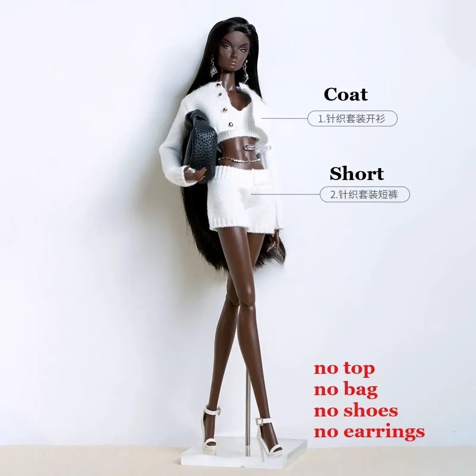 A 1/6 scale dark-skinned doll wearing a white knit cardigan and shorts with a black leather beret and clutch accessory