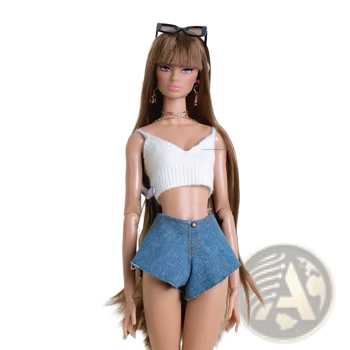 White knitted crop top with thin straps and v-neckline in 1/6 scale doll black leather beret and outfit set