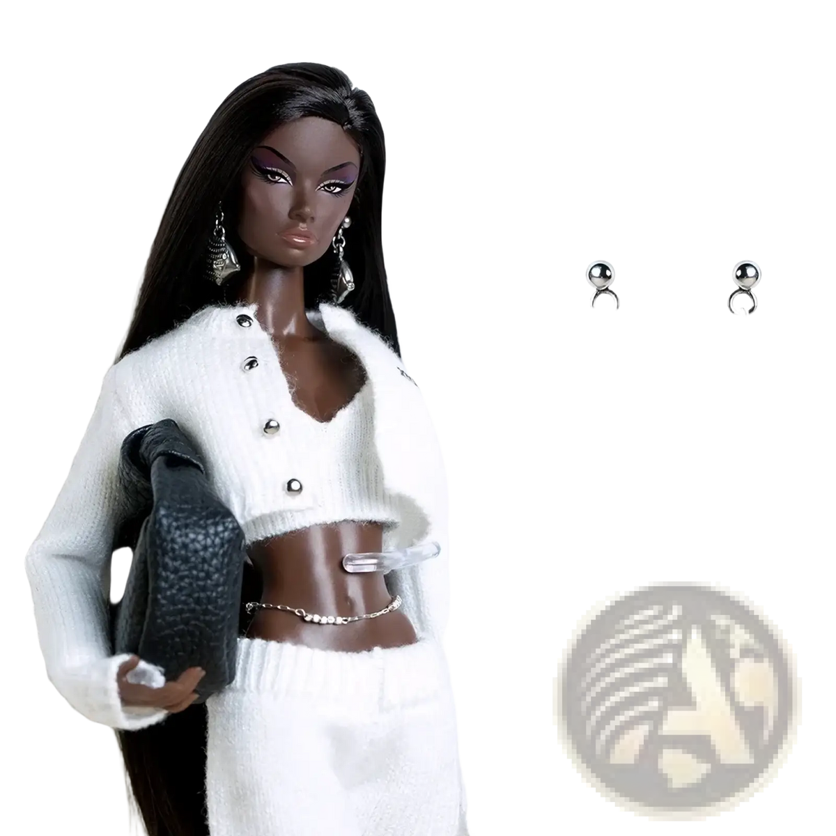Silver fish-shaped earrings with detailed scales and small heart design paired with 1/6 scale doll black leather beret set