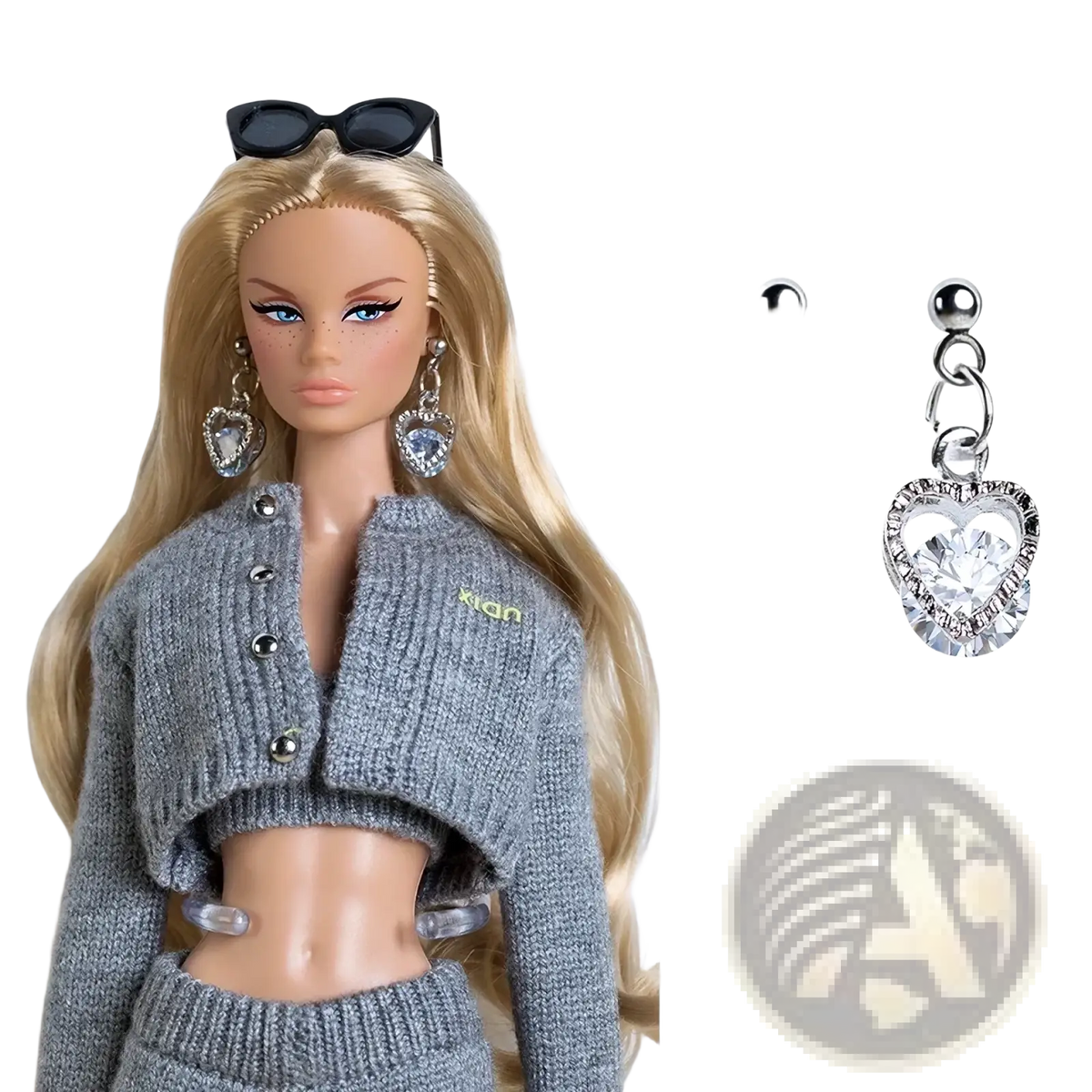 Silver heart-shaped drop earrings with clear crystal accents and chain link design for 1/6 scale doll outfit set