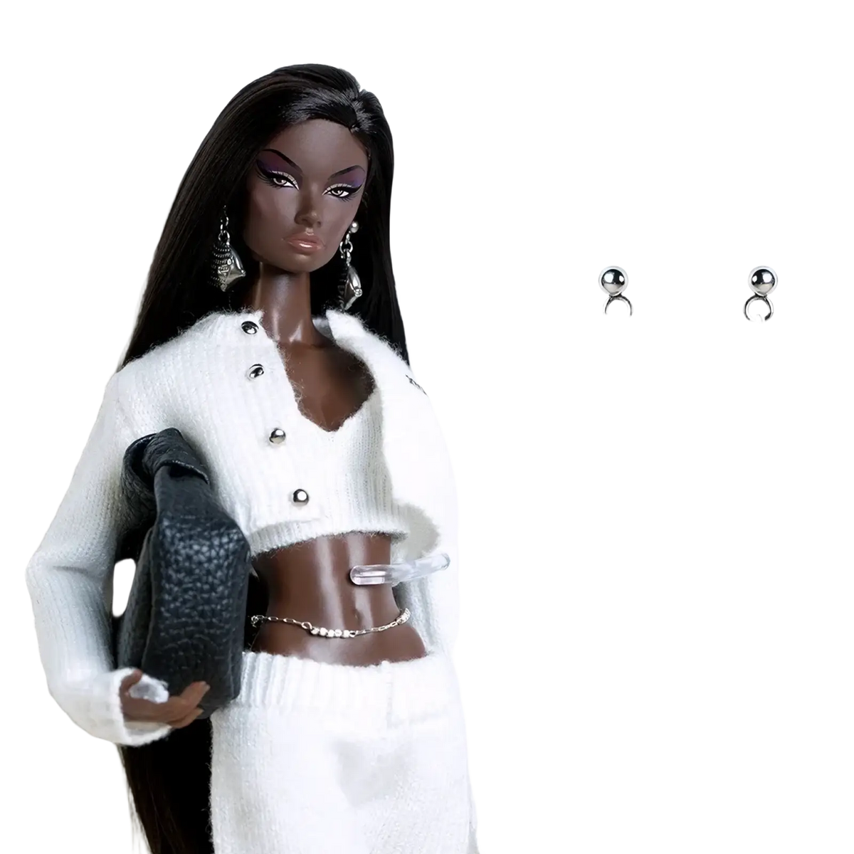 Silver fish-shaped earrings with detailed scales and small heart design paired with 1/6 scale doll black leather beret set