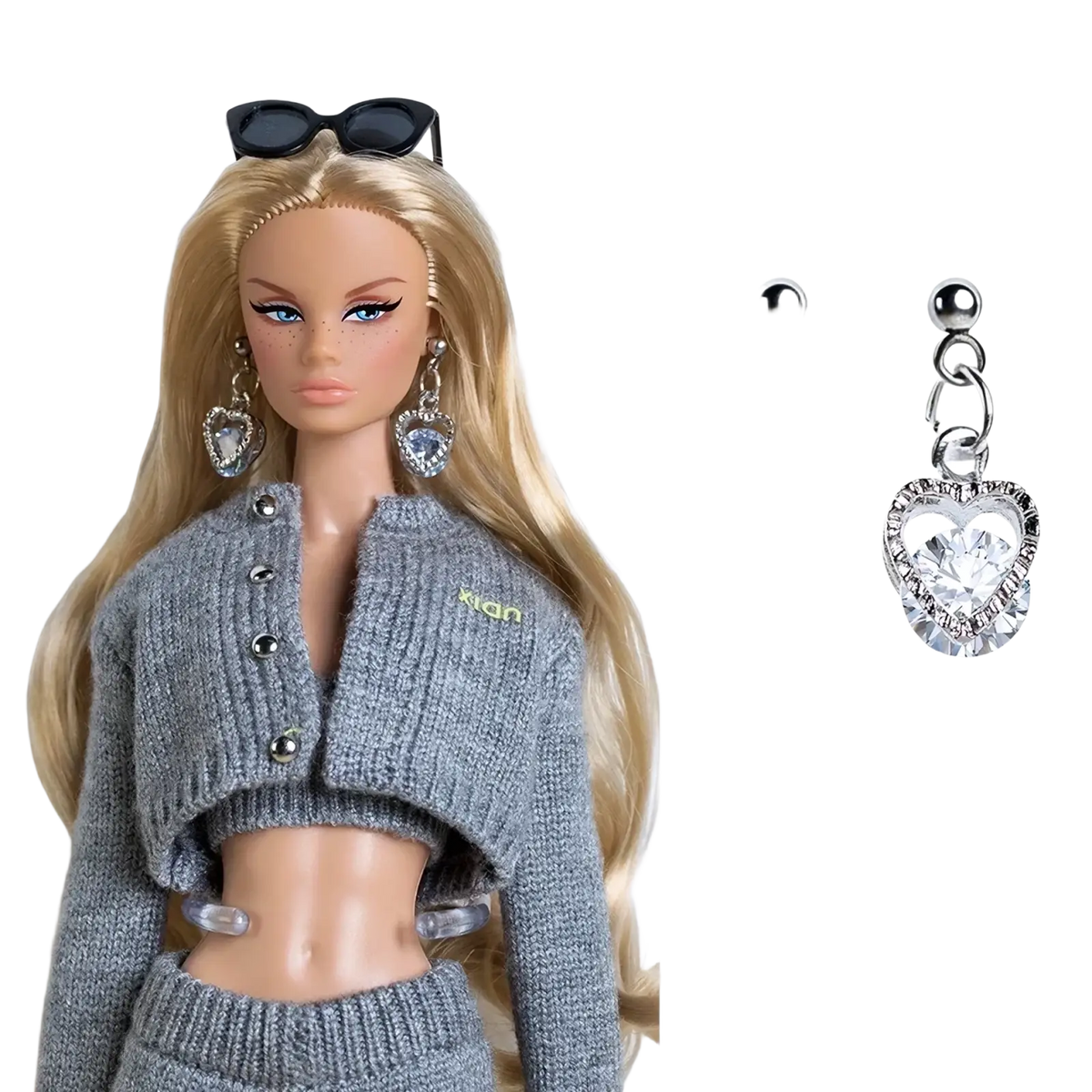 Silver heart-shaped drop earrings with clear crystal accents and chain link design for 1/6 scale doll outfit set