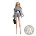 A blonde doll wearing a gray knitted cropped jacket and shorts with black sunglasses in a 1/6 scale leather outfit set