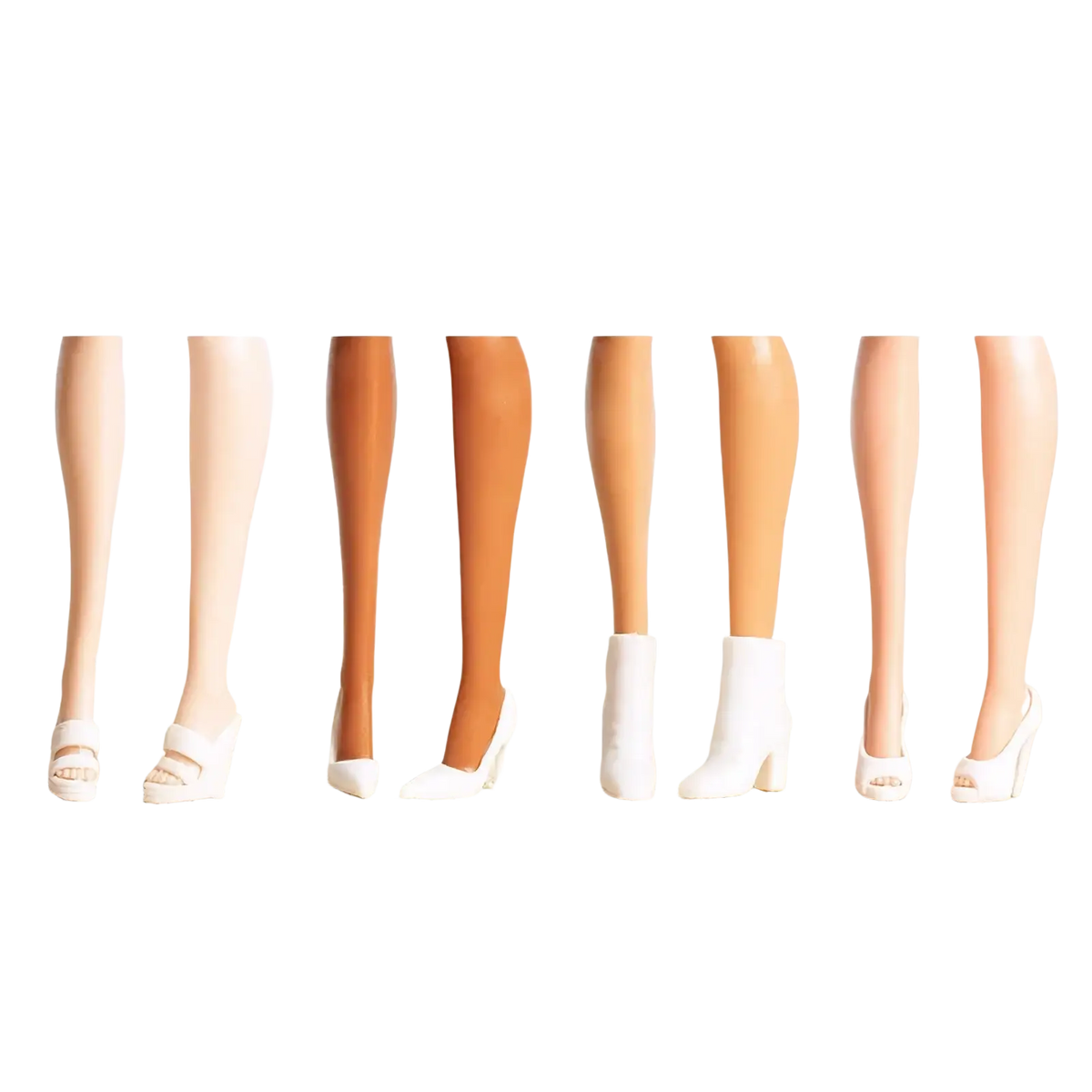 White high heels for barbie dolls with glossy finish including open-toe sandals pumps boots and platform shoes