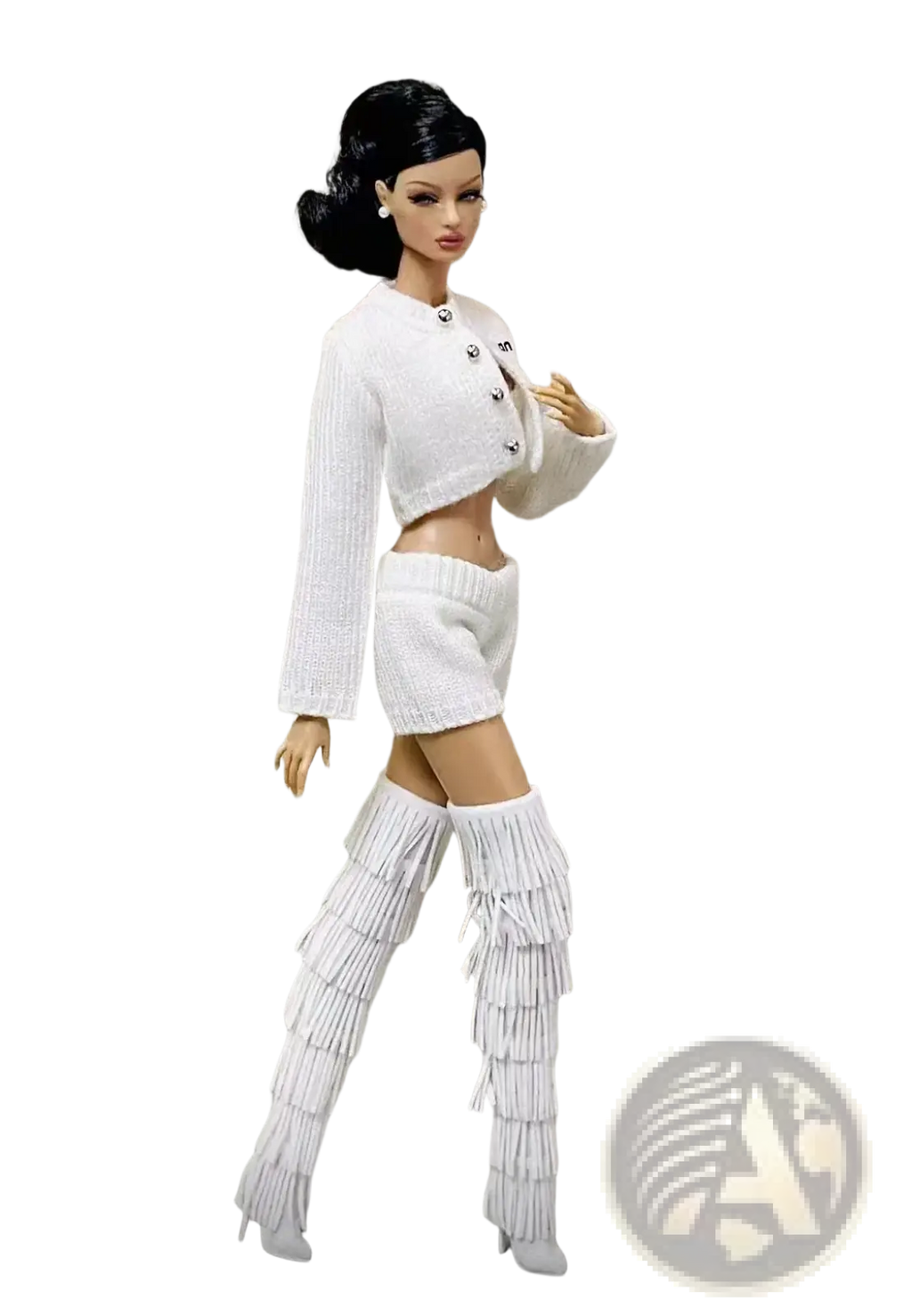 A white textured knit cropped jacket with silver button accents paired with a 1/6 scale doll black leather beret and outfit set