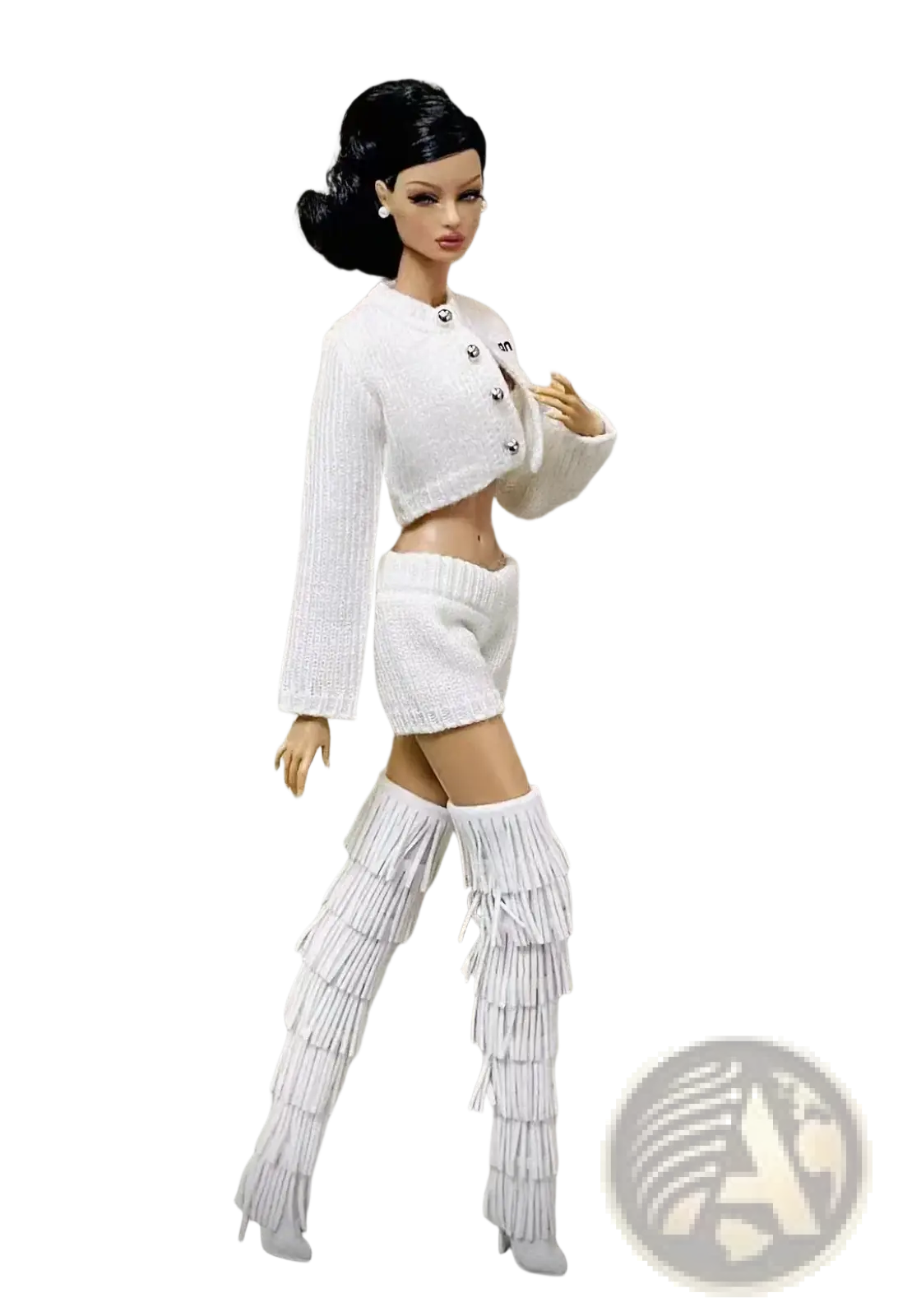 A white textured knit cropped jacket with silver button accents paired with a 1/6 scale doll black leather beret and outfit set