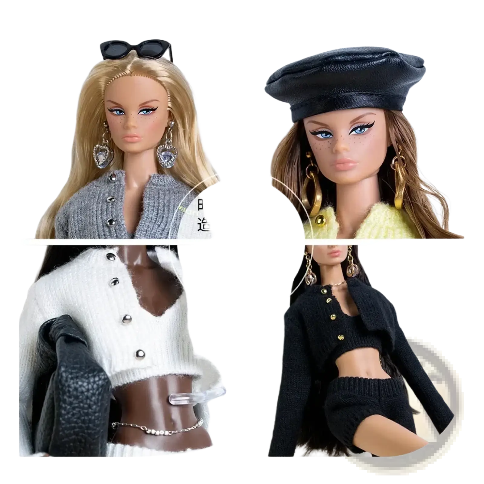 1/6 scale doll black leather beret worn by doll with brown hair and gold hoop earrings in outfit set