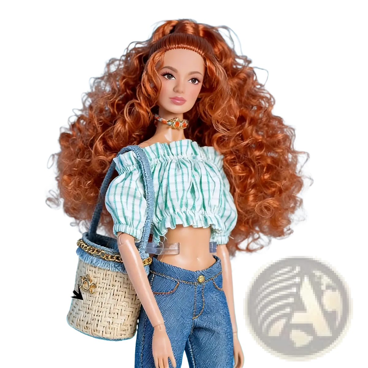 Woven straw bag with blue fabric straps and gold chain detailing for 1/6 scale doll dress accessories set