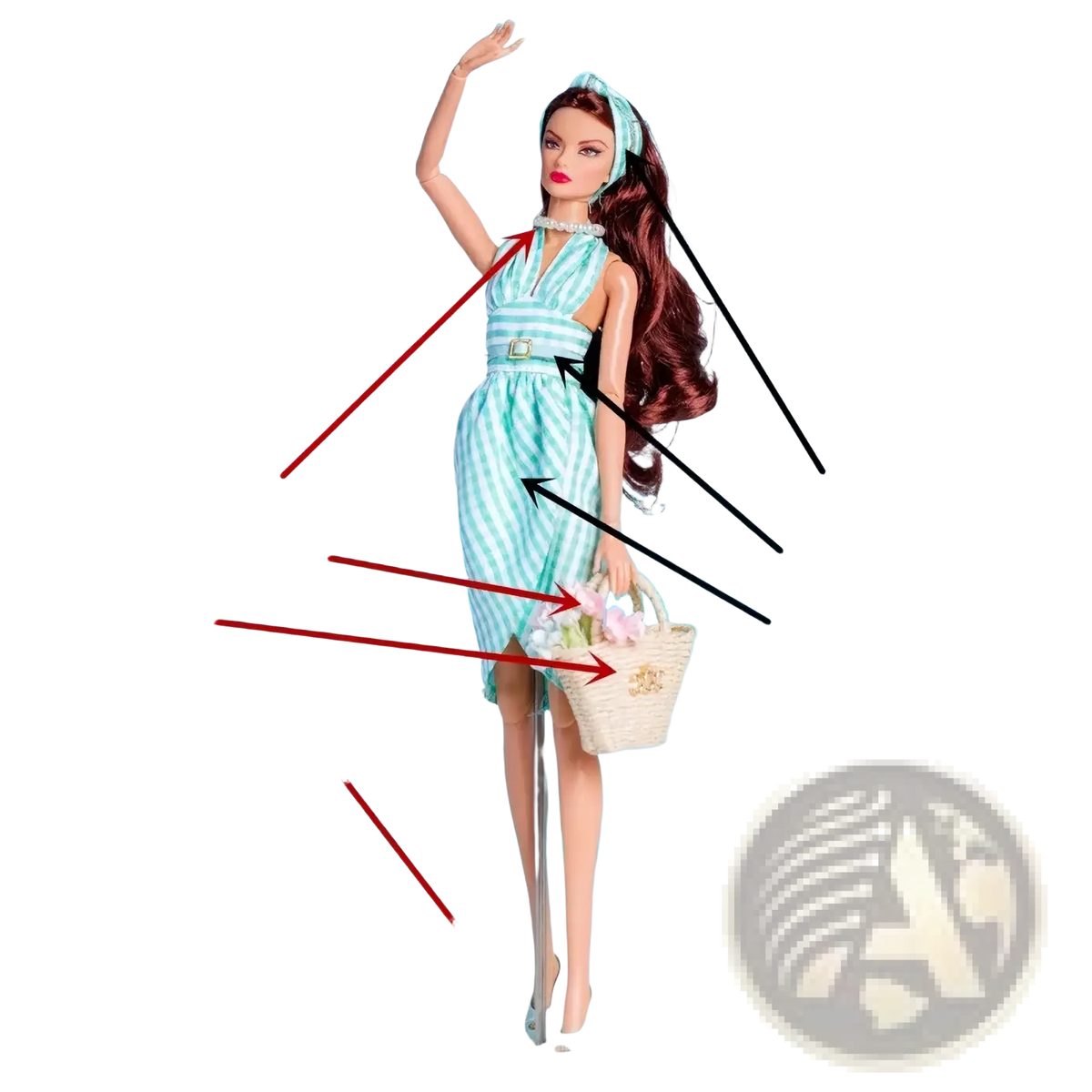 Barbie doll wearing a teal and white striped dress with matching belt holding a woven basket 1/6 scale doll dress set