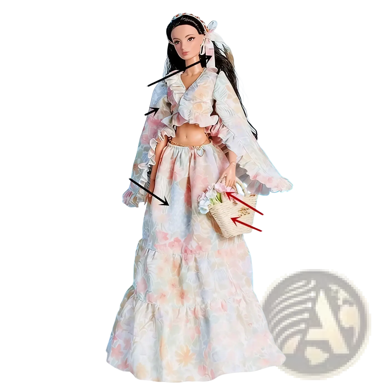 A 1/6 scale doll dress accessories set featuring a barbie doll in a pastel floral ruffled top and skirt with matching hairband