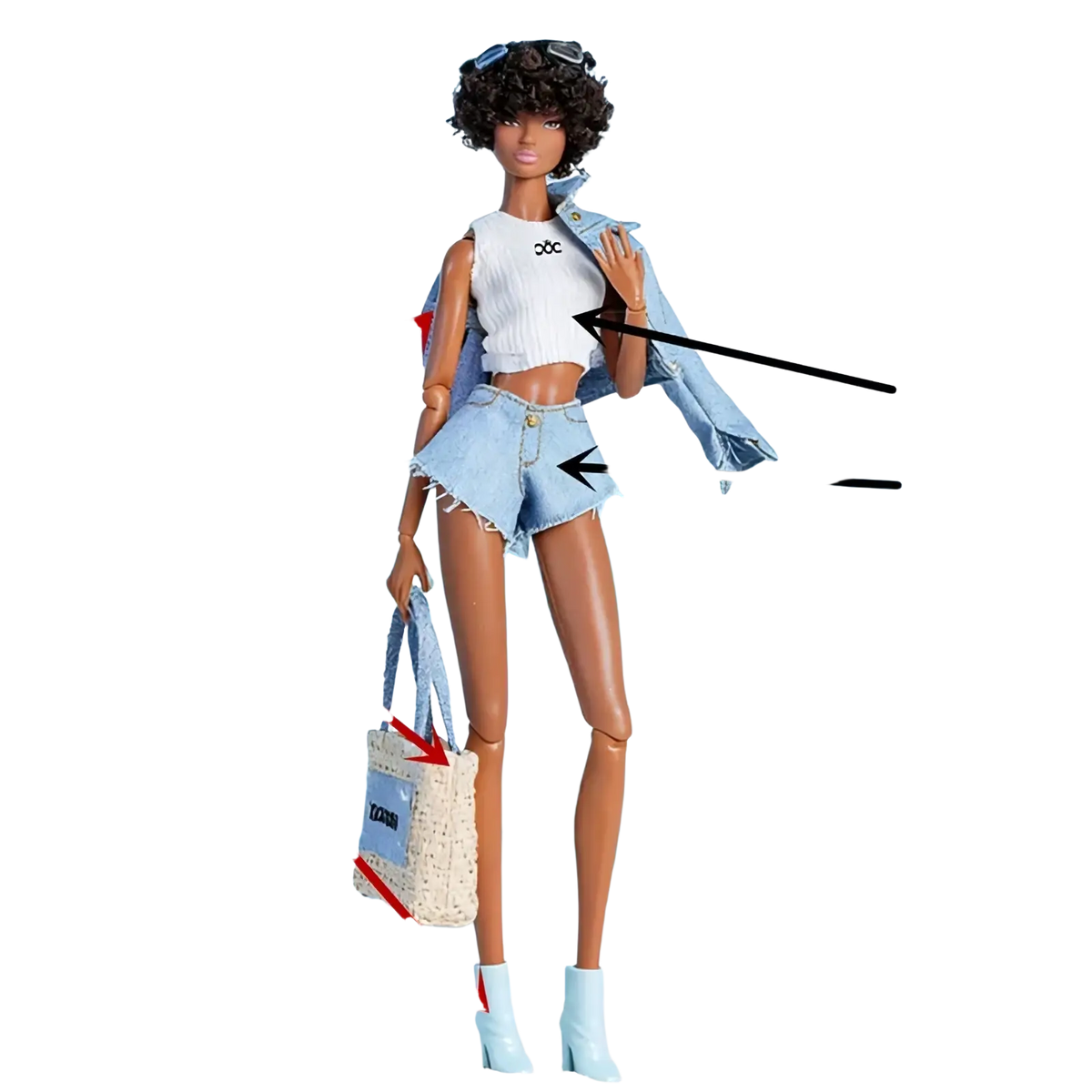 A 1/6 scale doll with curly dark hair wearing a white cropped top and light blue denim shorts on a beach