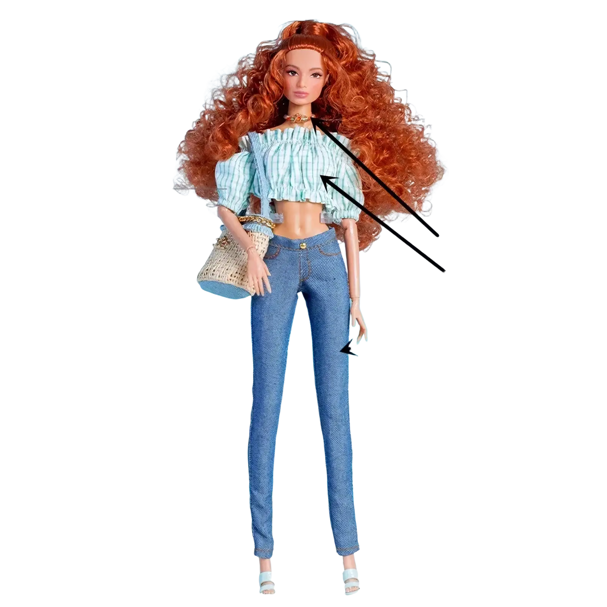 A 1/6 scale doll dress set featuring a barbie doll with long curly auburn hair in blue white striped crop top and denim jeans