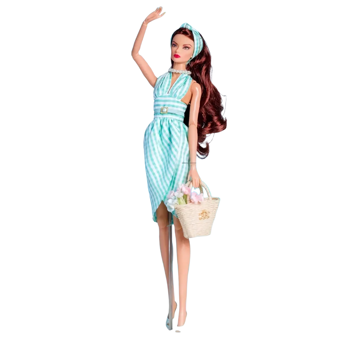 1 6 scale doll dress accessories and gift set featuring a Barbie doll in a mint green striped dress with pearl necklace and basket