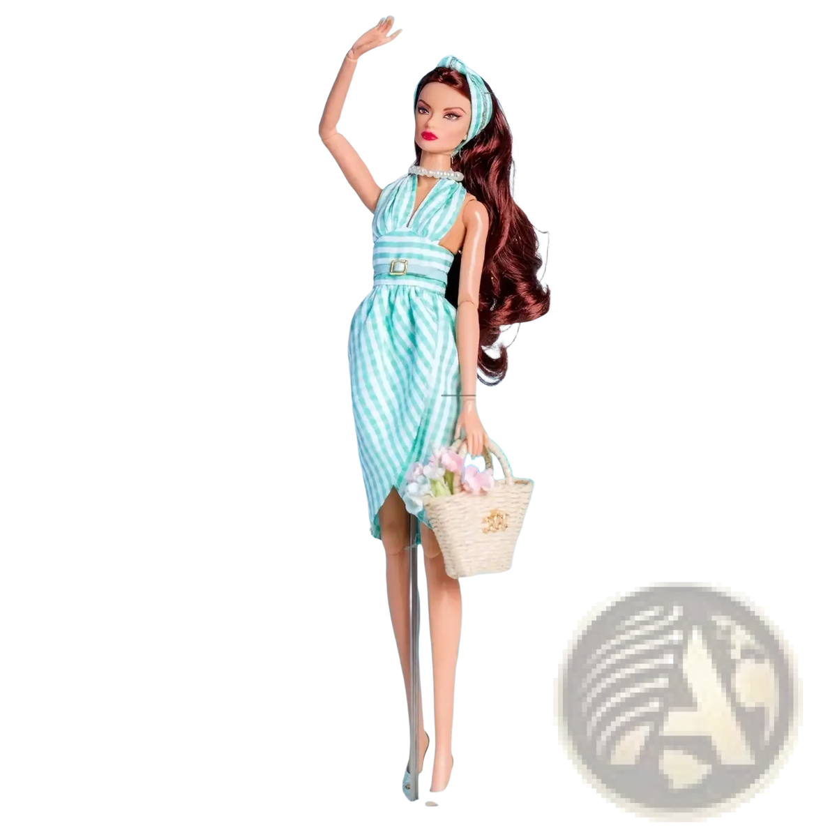 1 6 scale doll dress accessories and gift set featuring a Barbie doll in a mint green striped dress with pearl necklace and basket