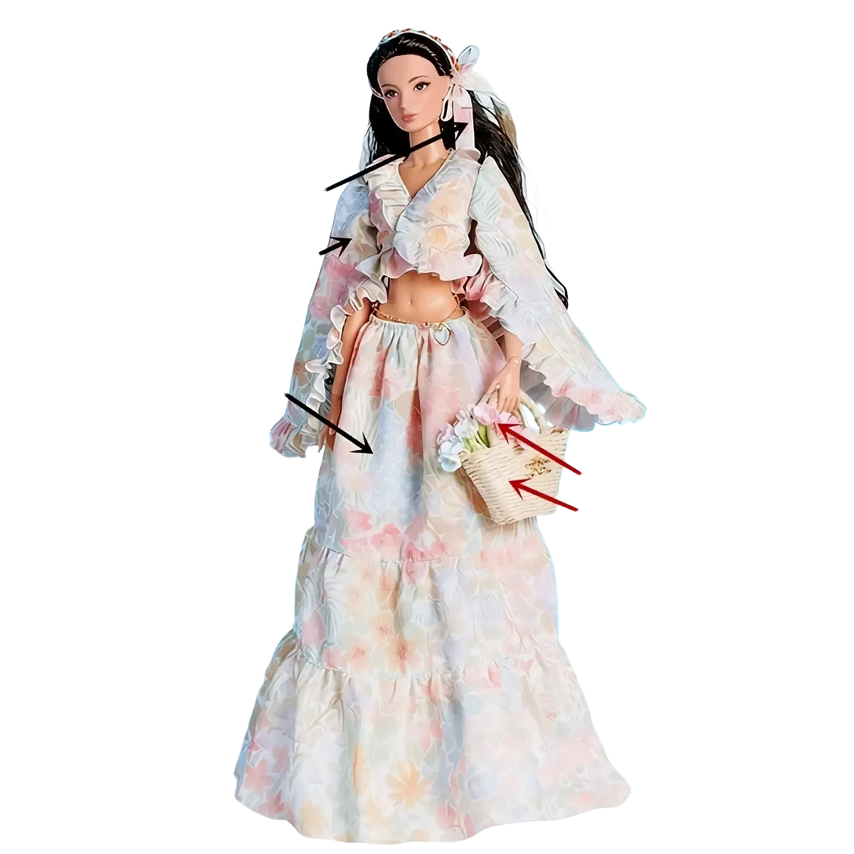 A 1/6 scale doll dress accessories set featuring a barbie doll in a pastel floral ruffled top and skirt with matching hairband