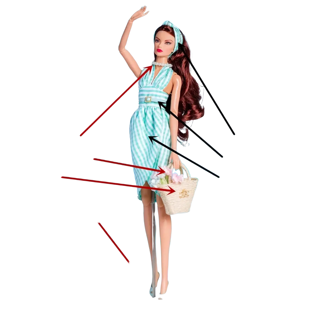 Barbie doll wearing a teal and white striped dress with matching belt holding a woven basket 1/6 scale doll dress set