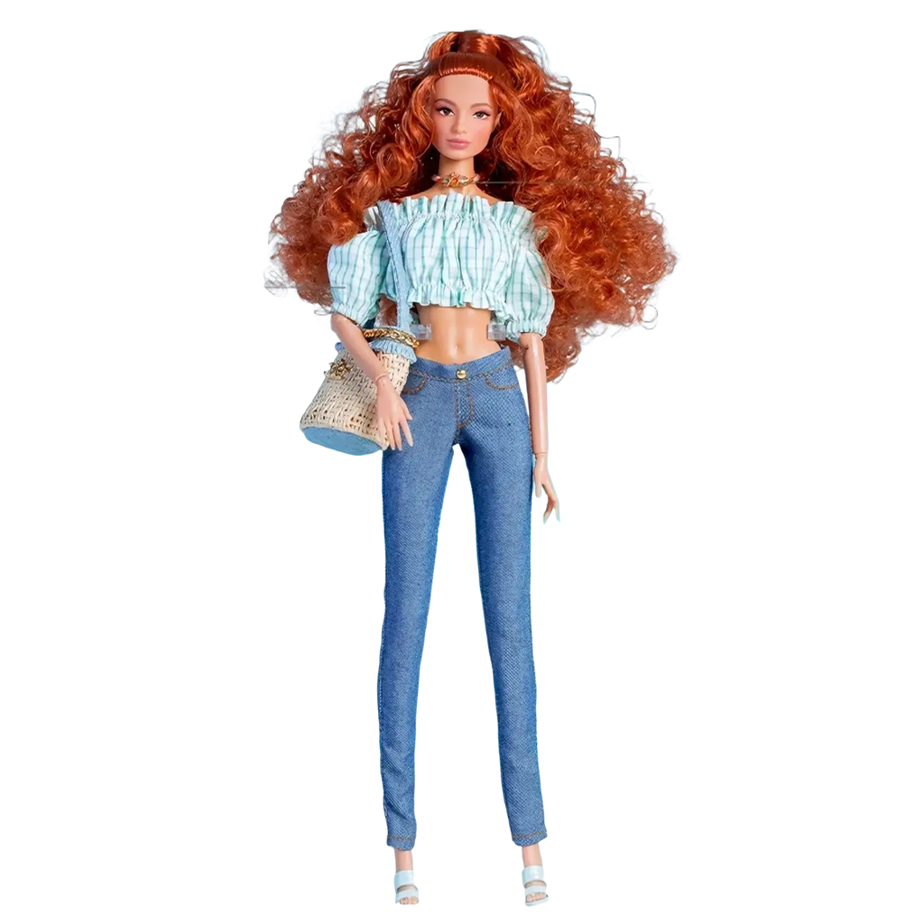 Barbie doll with voluminous curly auburn hair wearing light blue and white checkered off-the-shoulder top and denim jeans in 1/6 scale doll dress accessories and gift set