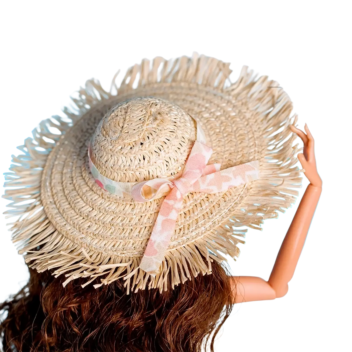 Beige handwoven straw hat with fringed brim and pink patterned ribbon bow for 1/6 scale doll dress accessories