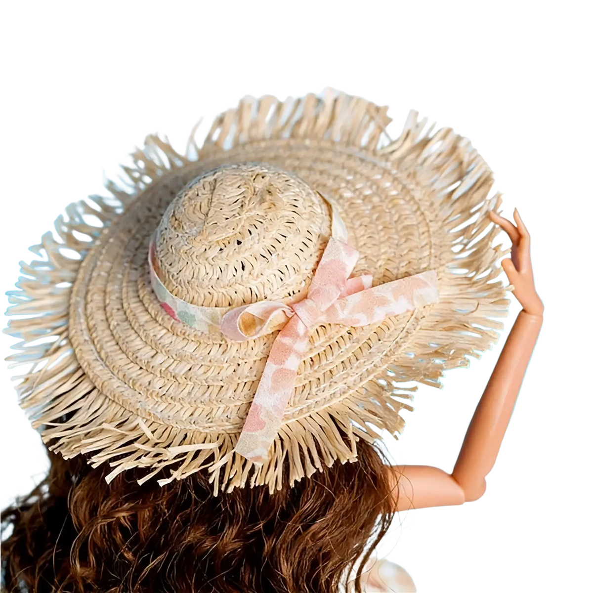 Beige straw sun hat with fringed brim and pink patterned ribbon bow for 1/6 scale doll dress accessories and gift set