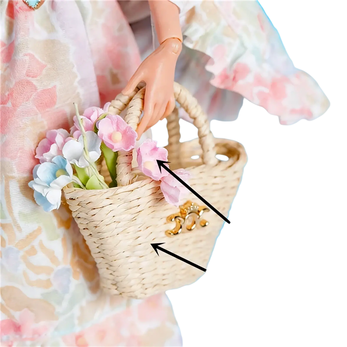Beige woven flower basket with gold-tone clasp and pink blue white fabric flowers for 1/6 scale doll accessories