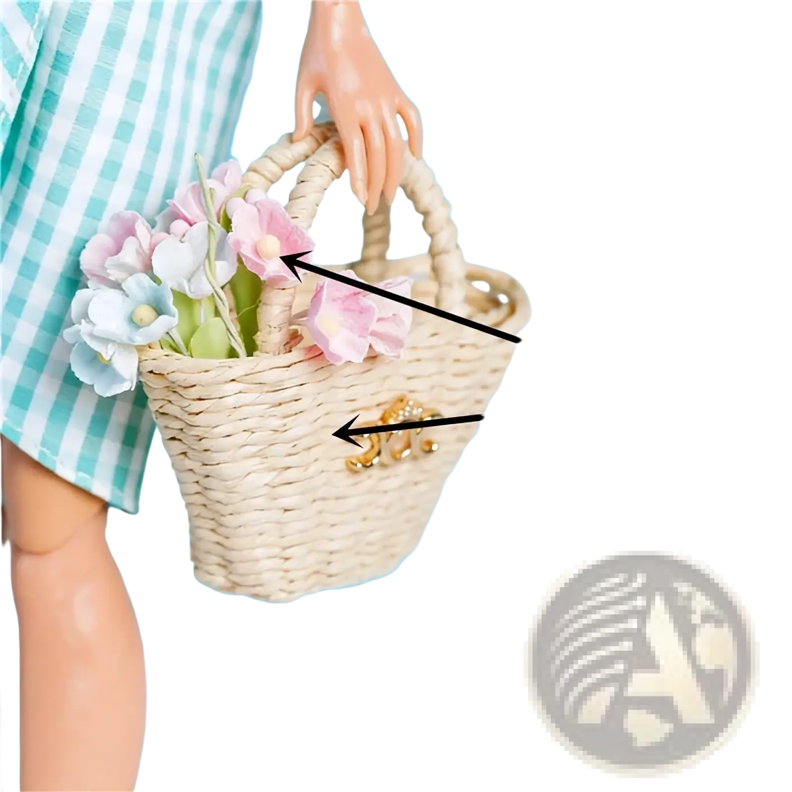 Beige woven basket with gold-tone clasp and handle holding pink and white paper flowers for 1/6 scale doll accessories
