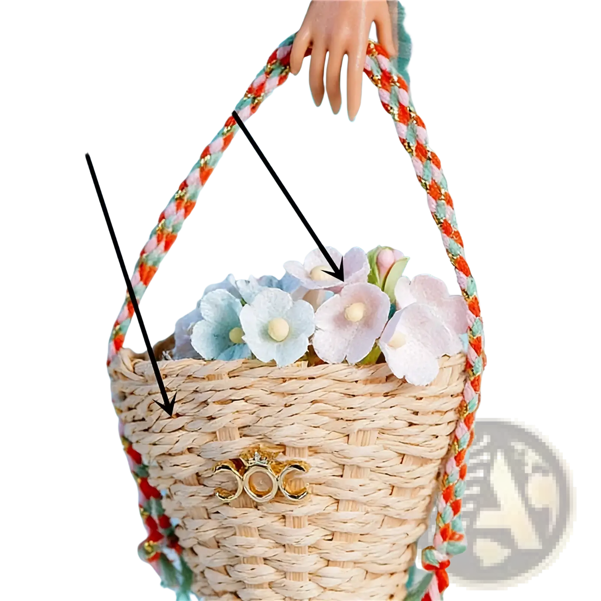 A woven straw bouquet flower basket with colorful braided handles and gold-tone crown clasp for 1/6 scale doll dress accessories