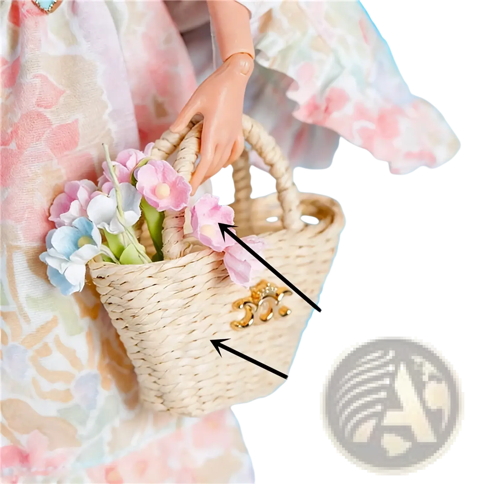 Beige woven flower basket with gold-tone clasp and pink blue white fabric flowers for 1/6 scale doll accessories