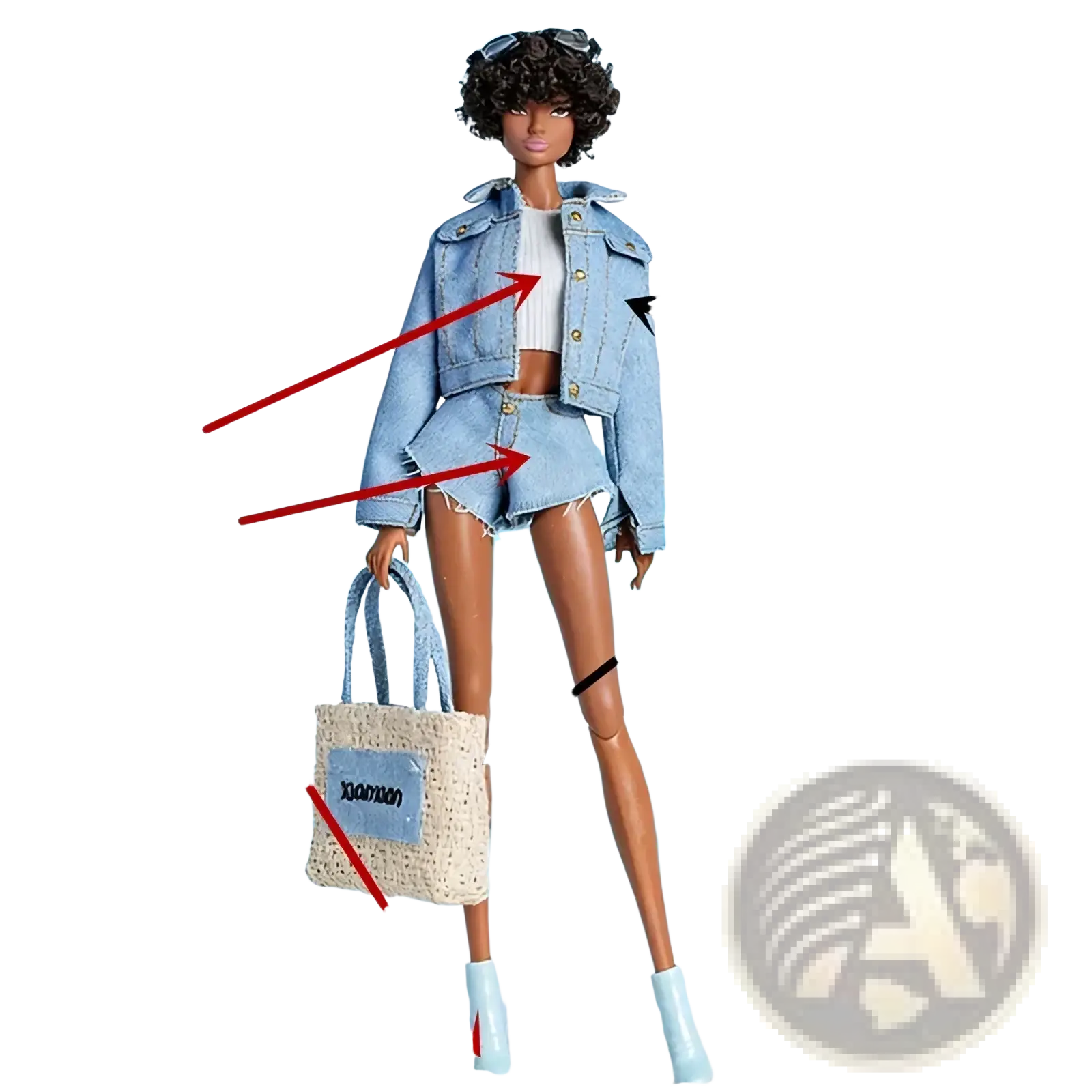 1/6 scale doll dress accessories featuring a light blue denim coat, matching shorts, and a woven tote bag with xamman