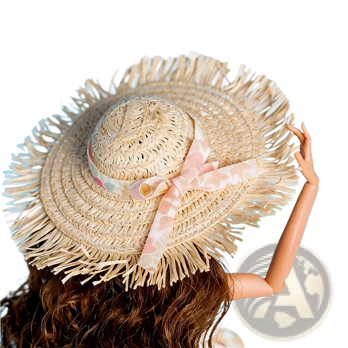 Beige straw sun hat with fringed brim and pink patterned ribbon bow for 1/6 scale doll dress accessories and gift set