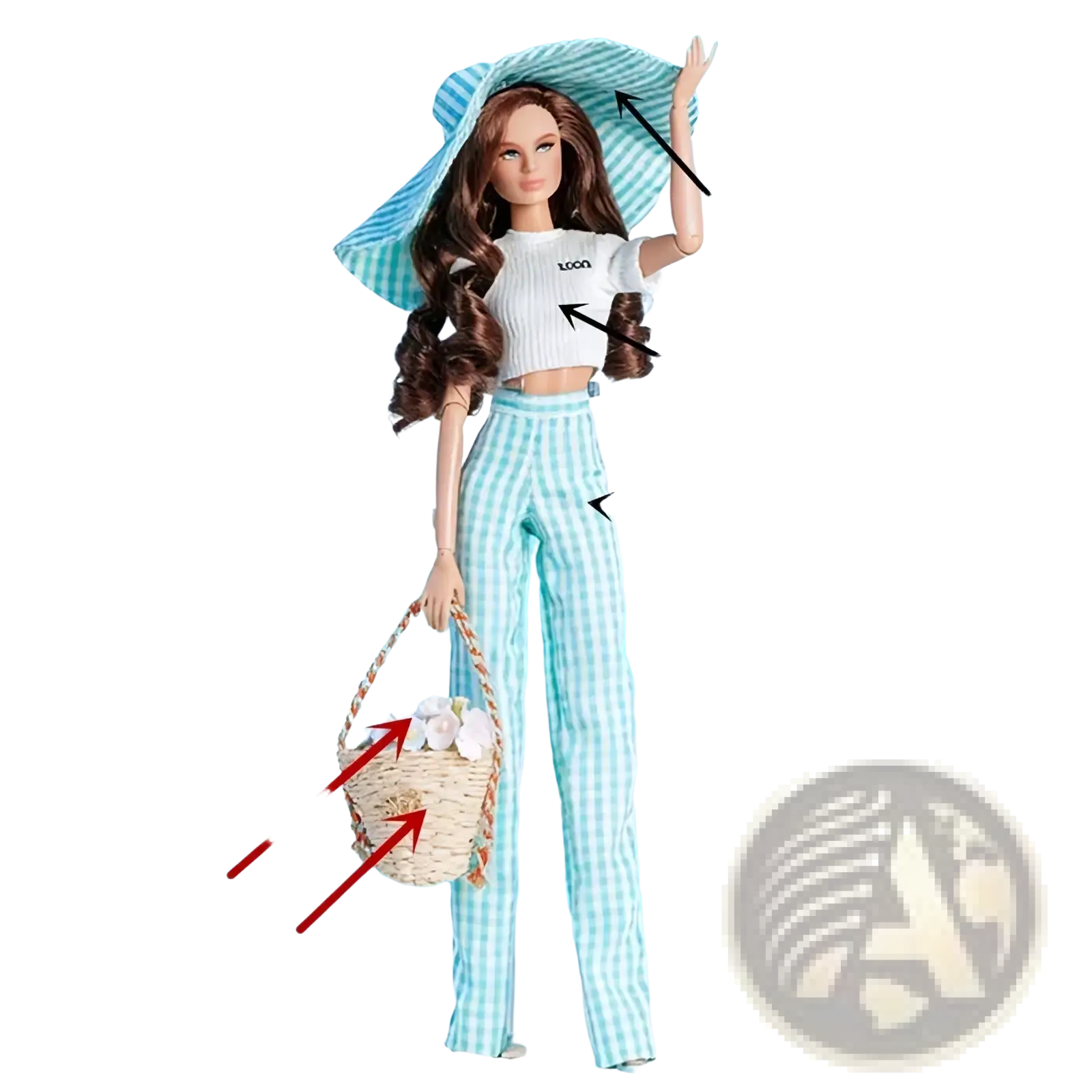 1/6 scale doll dress accessories set featuring Barbie in light blue and white checkered fabric with woven basket