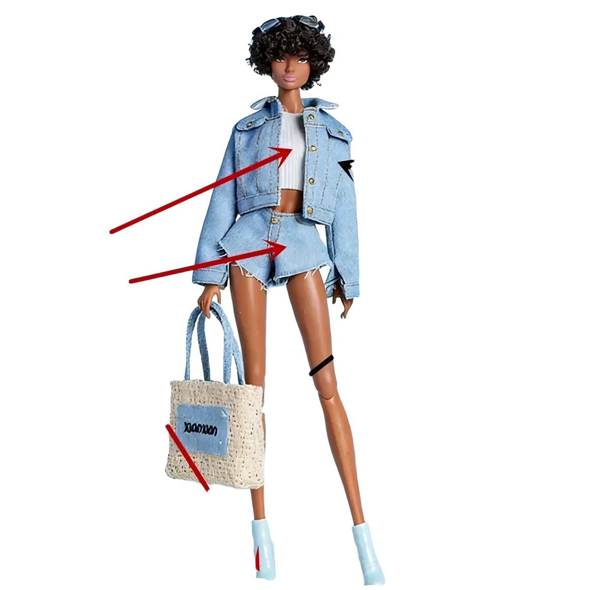 1/6 scale doll dress accessories featuring a light blue denim coat, matching shorts, and a woven tote bag with xamman