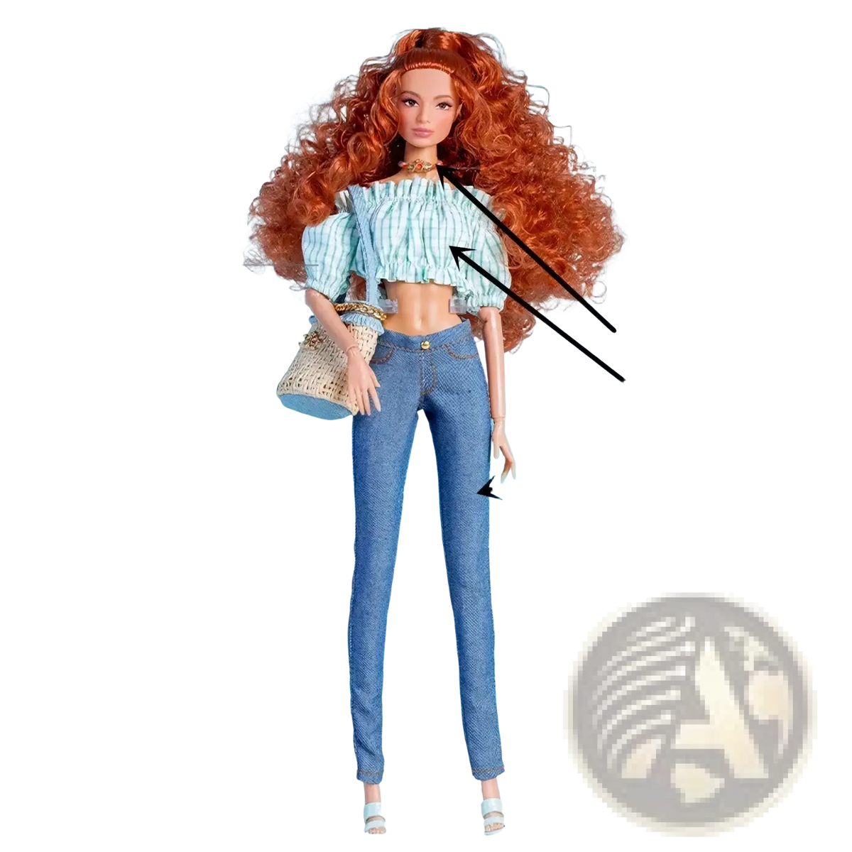 A 1/6 scale doll dress set featuring a barbie doll with long curly auburn hair in blue white striped crop top and denim jeans