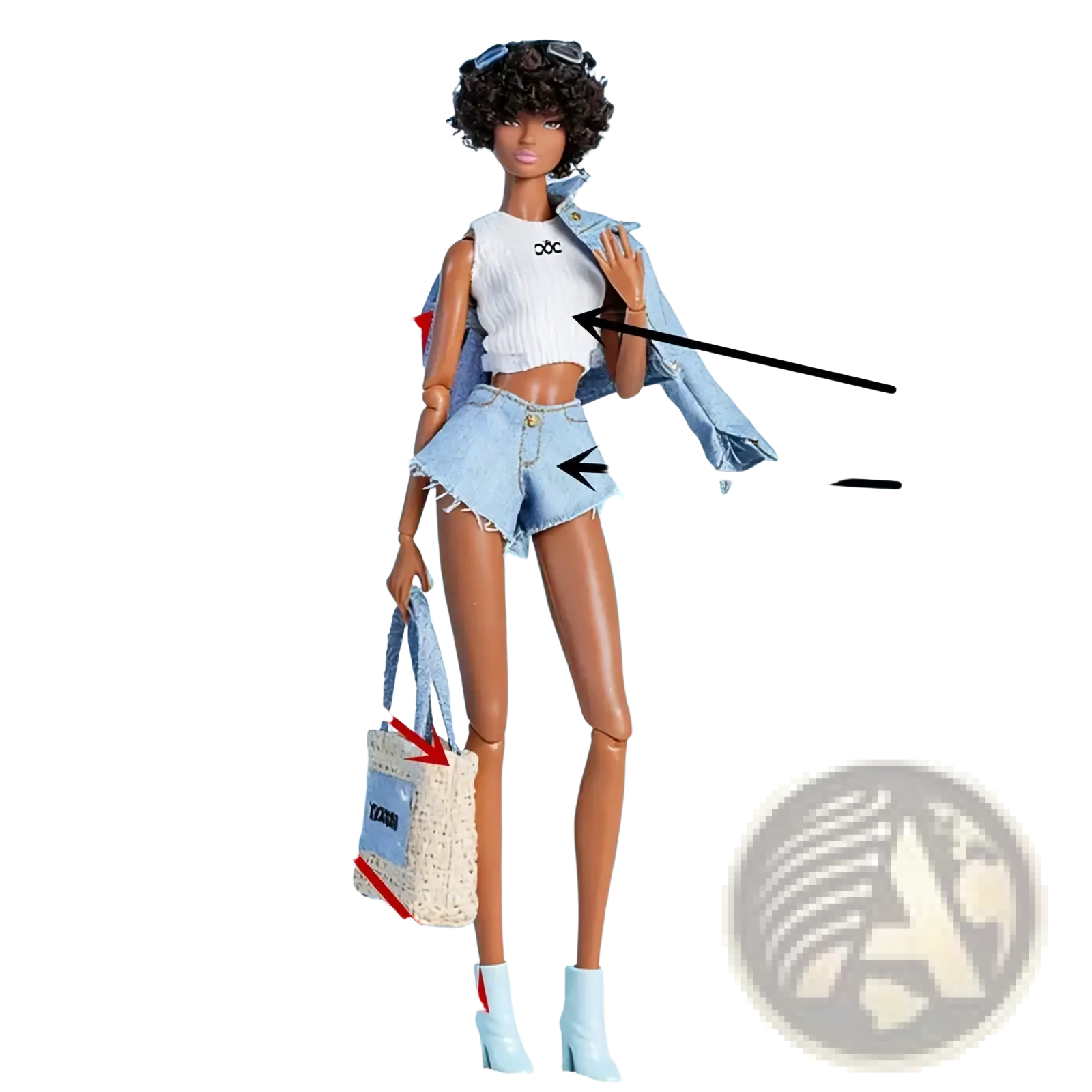 A 1/6 scale doll with curly dark hair wearing a white cropped top and light blue denim shorts on a beach