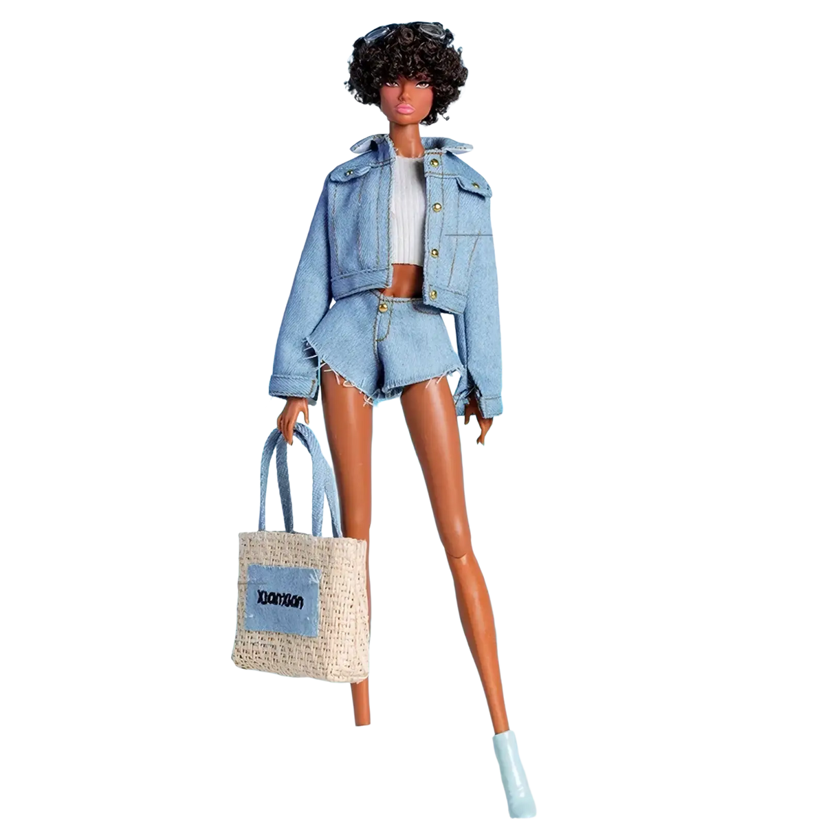 1/6 scale doll dress accessories gift set featuring a doll in light blue denim jacket and shorts with white boots