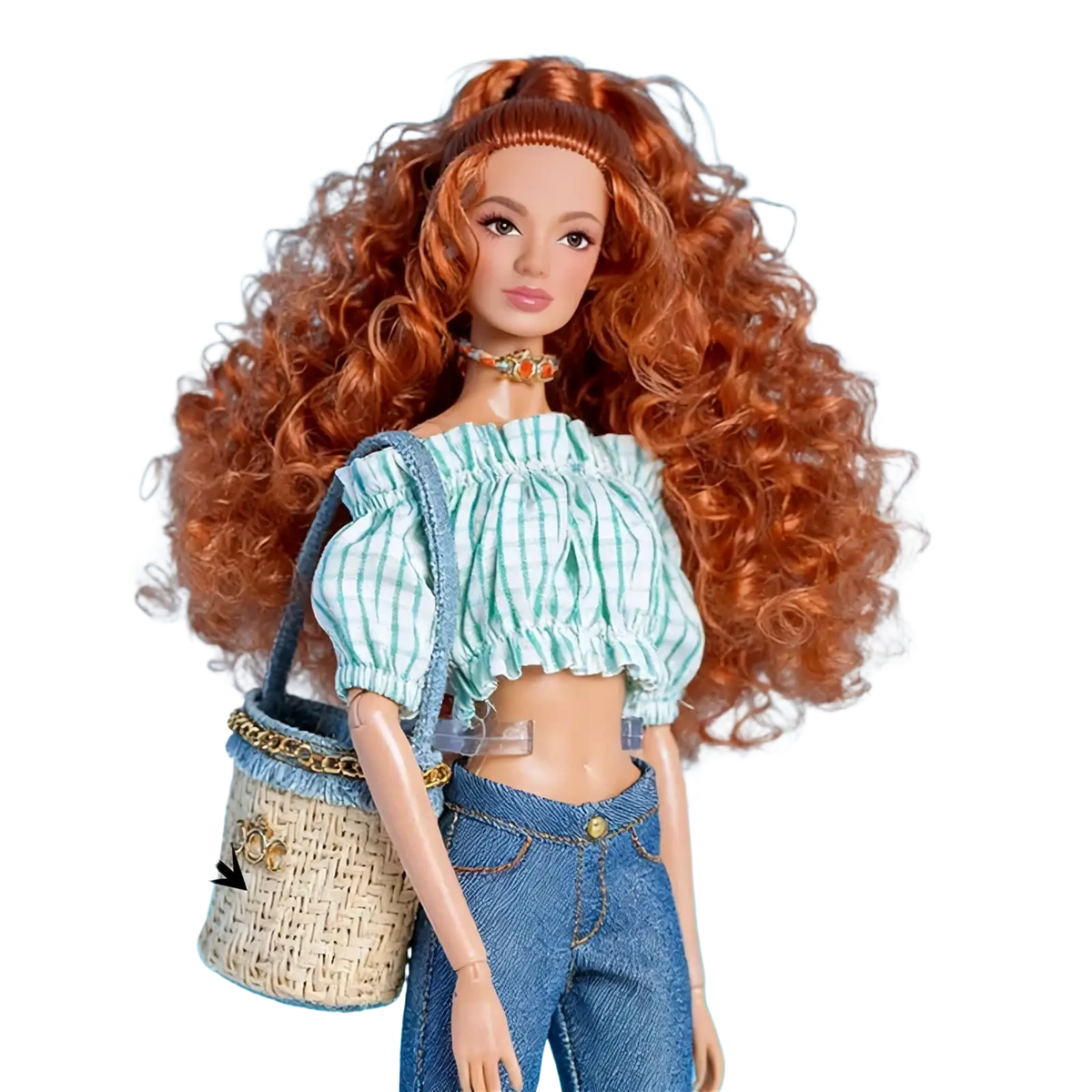 Woven straw bag with blue fabric straps and gold chain detailing for 1/6 scale doll dress accessories set