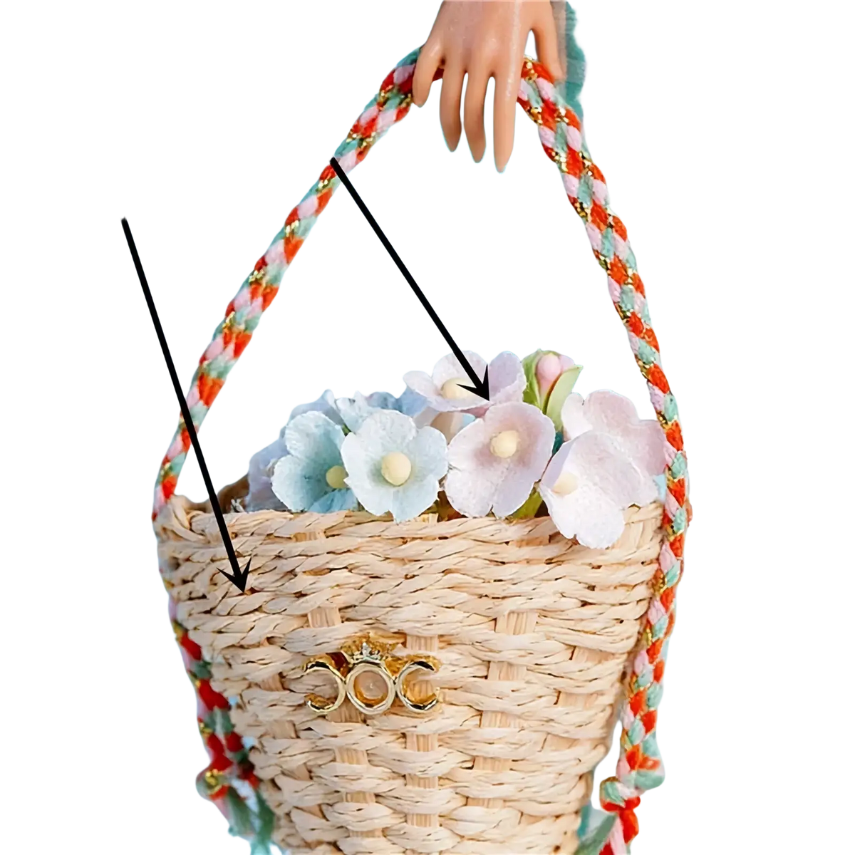 A woven straw bouquet flower basket with colorful braided handles and gold-tone crown clasp for 1/6 scale doll dress accessories
