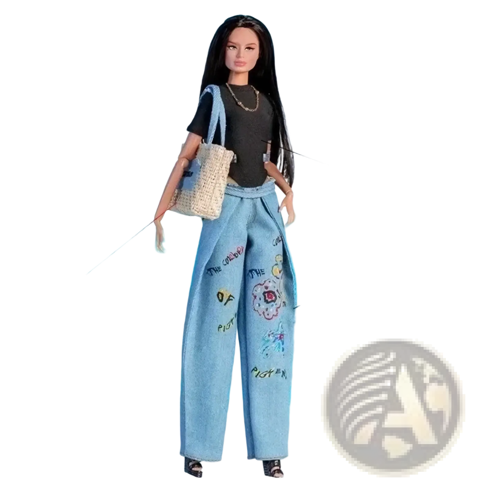 A 1/6 scale doll fashion clothes set featuring a barbie doll in a black top and light blue denim pants with colorful embroidery