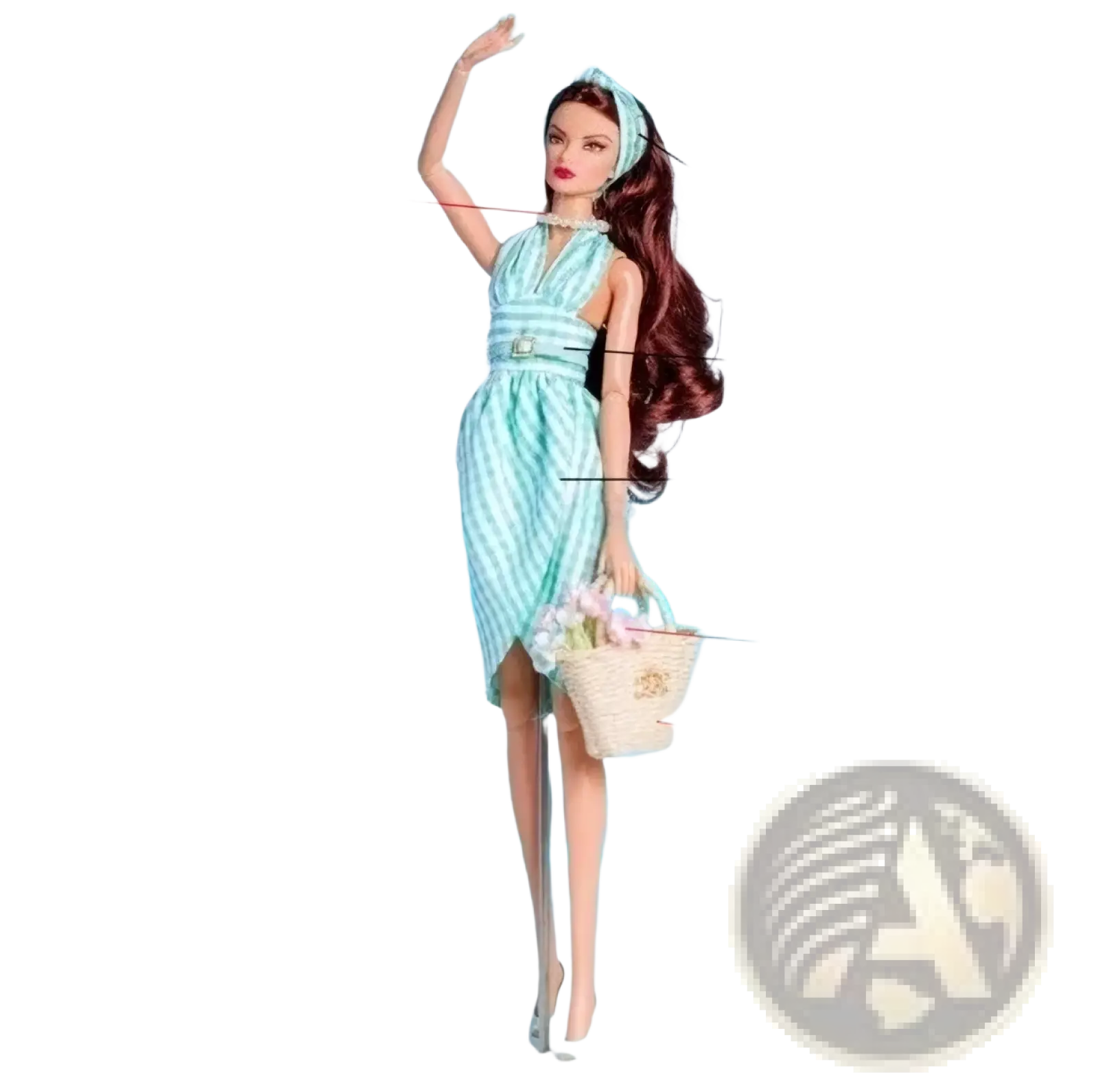 A 1/6 scale doll fashion clothes and accessories set featuring a barbie doll in a light blue and white striped dress with matching belt and hair band
