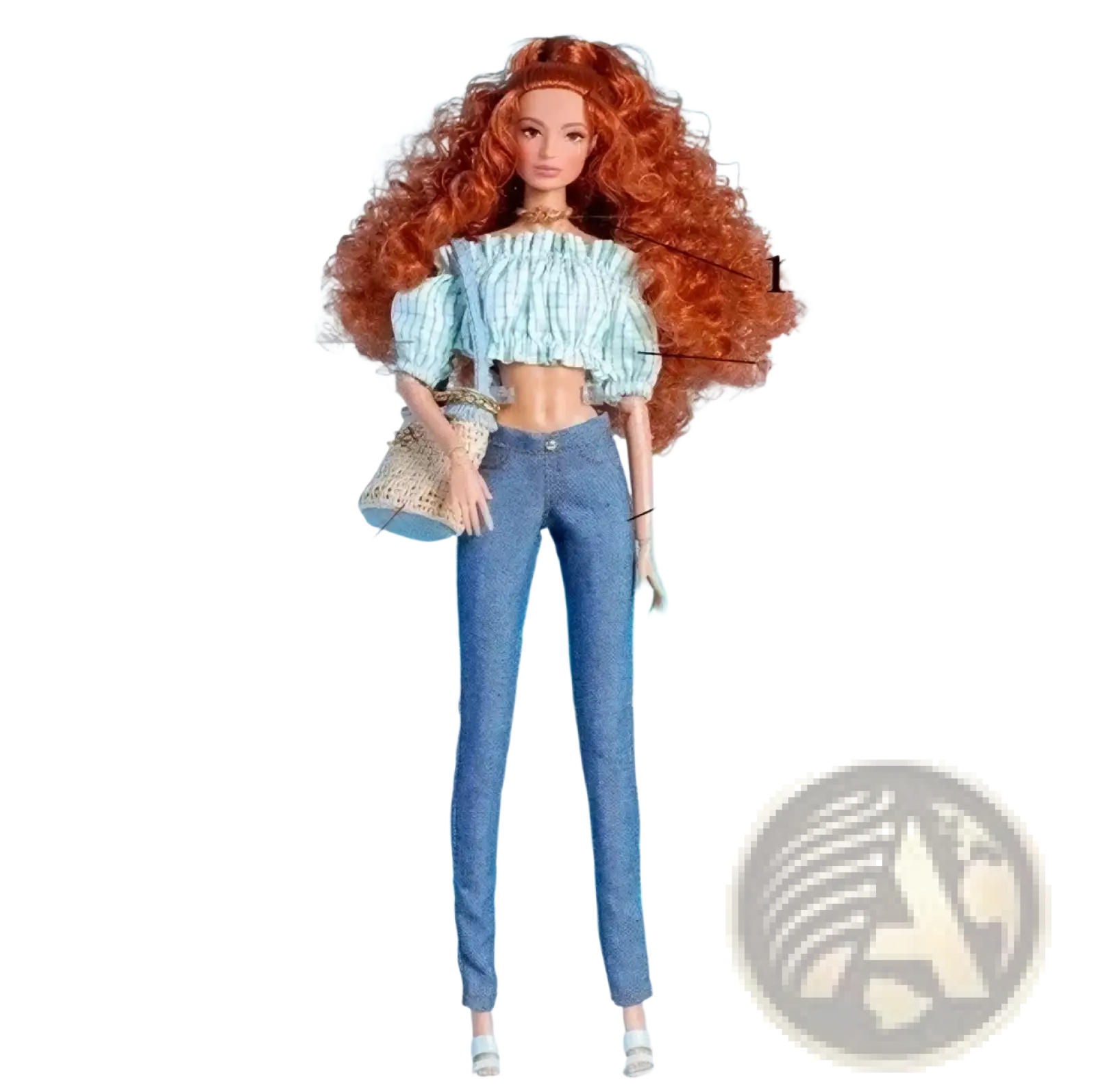 A 1/6 scale doll fashion clothes set featuring a barbie doll with curly auburn hair wearing a blue and white striped cropped top and denim pants